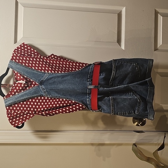 Red Polka Dot Top with No Boundaries Belt Loop Denim Overalls - Picture 4 of 8